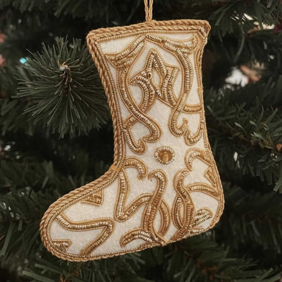 White And Gold Cotton Stocking Premium Zardozi Ornament