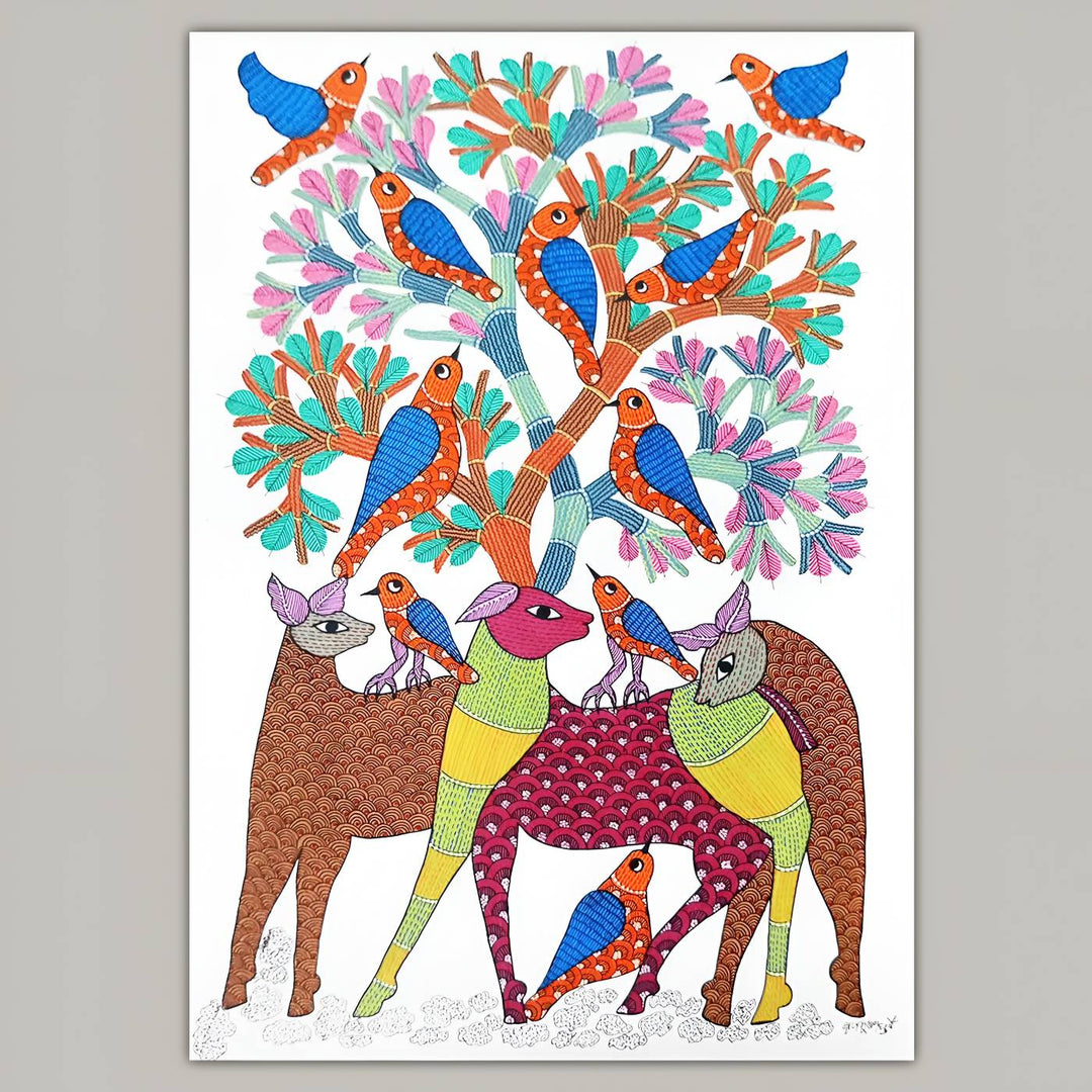 24 x 36 Inch | Sky & Earth | Original Hand Painted Tribal Gond Art Painting | Acrylic Paint On Canvas