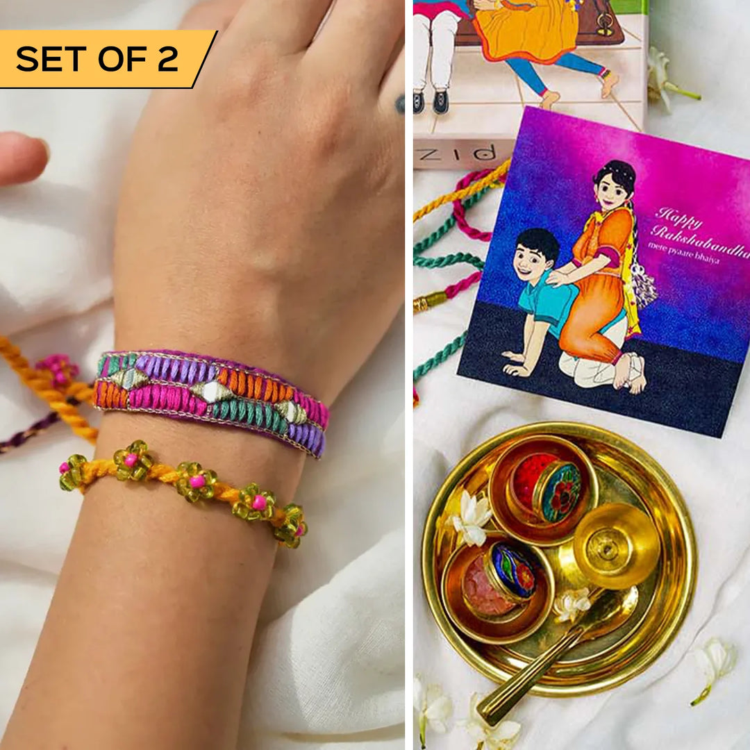 2 pc Rakhi + Brass Thali Set | Premium Garden Of Love Embroidered Rakhi Set with Roli Chawal
