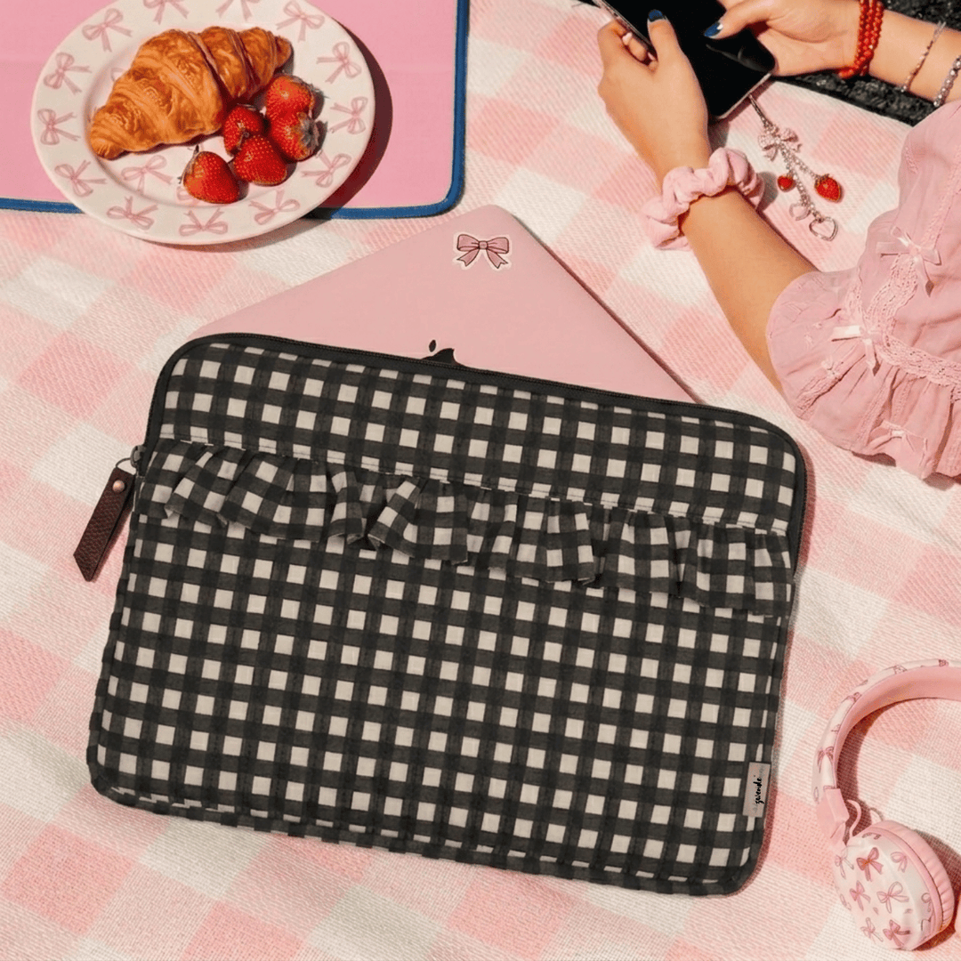 "Elenor" Ruffled Laptop Sleeve With Cushioned Padding For Women | Checks