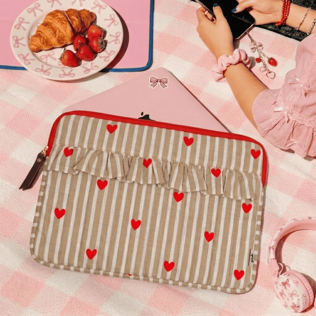 "Elenor" Ruffled Laptop Sleeve With Cushioned Padding For Women | Thin Stripes