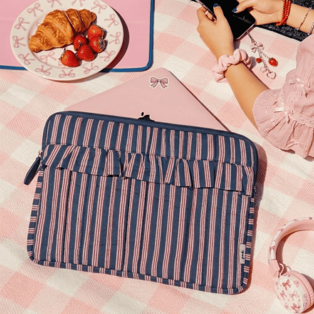 "Elenor" Ruffled Laptop Sleeve With Cushioned Padding For Women | Thin Stripes