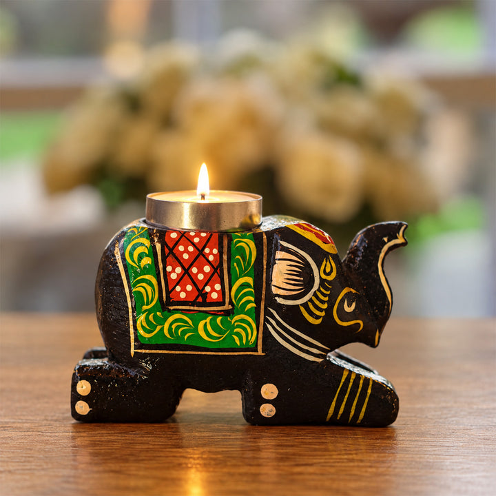 Handmade Black Elephant 3D Special Wooden Tealight Holder For Festive Golu Decor