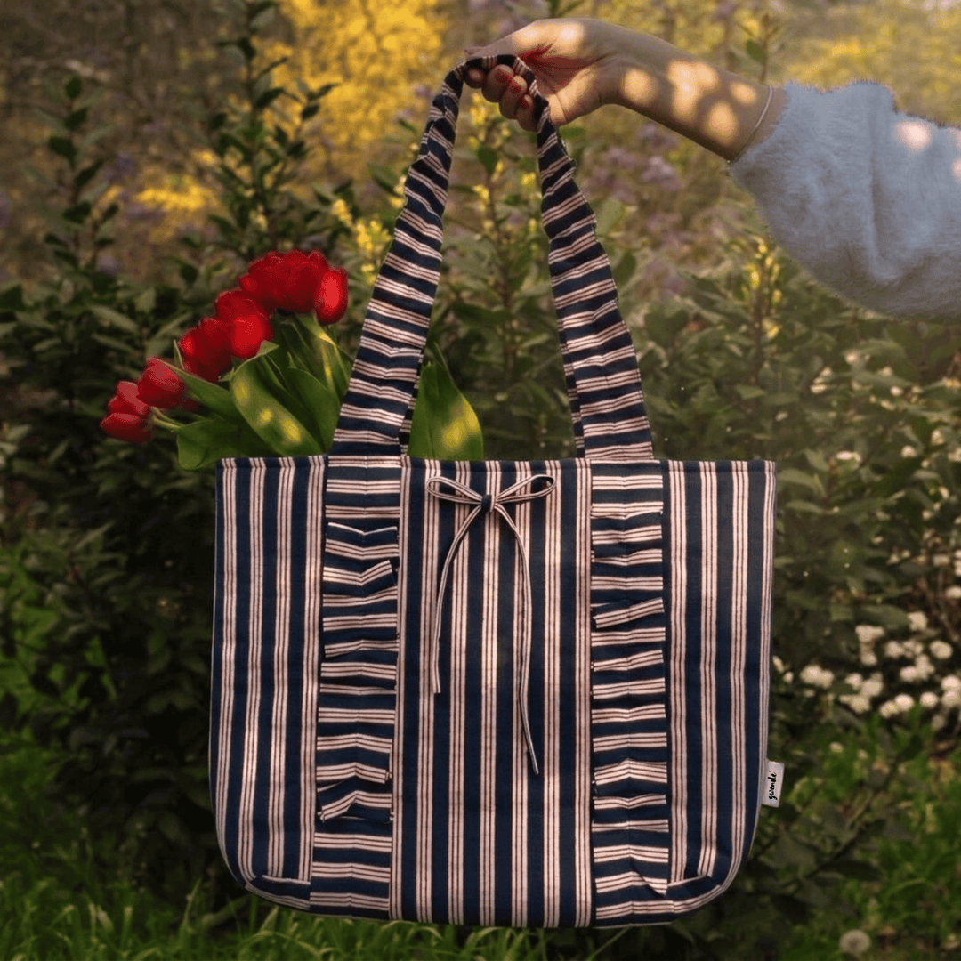 "Esmeralda" Ruffled Tote Bag With Vertical Ruffle Details For Women | Thin Stripes
