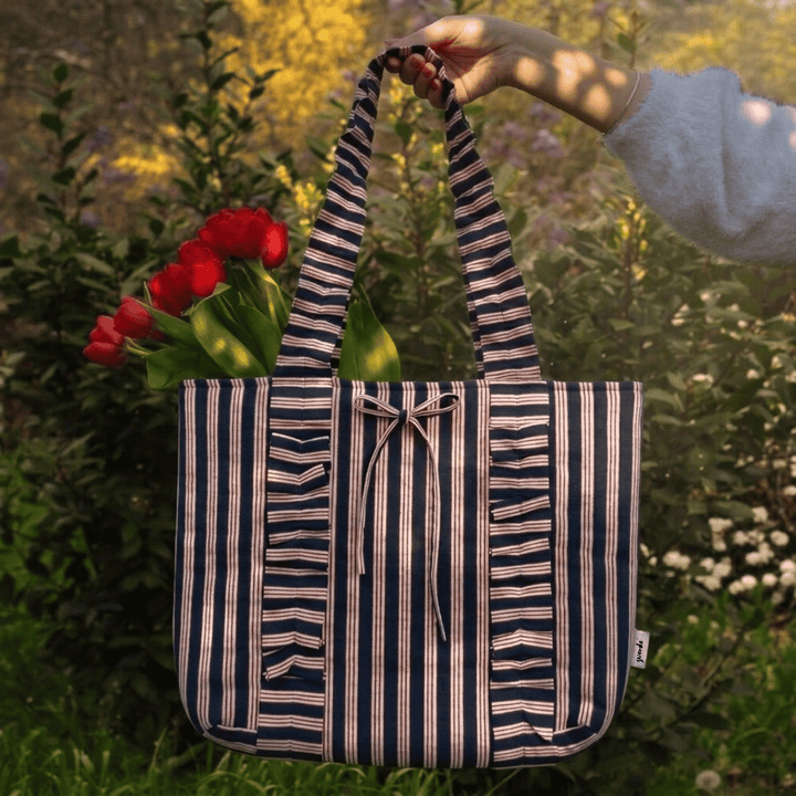 "Esmeralda" Ruffled Tote Bag With Vertical Ruffle Details For Women | Thin Stripes