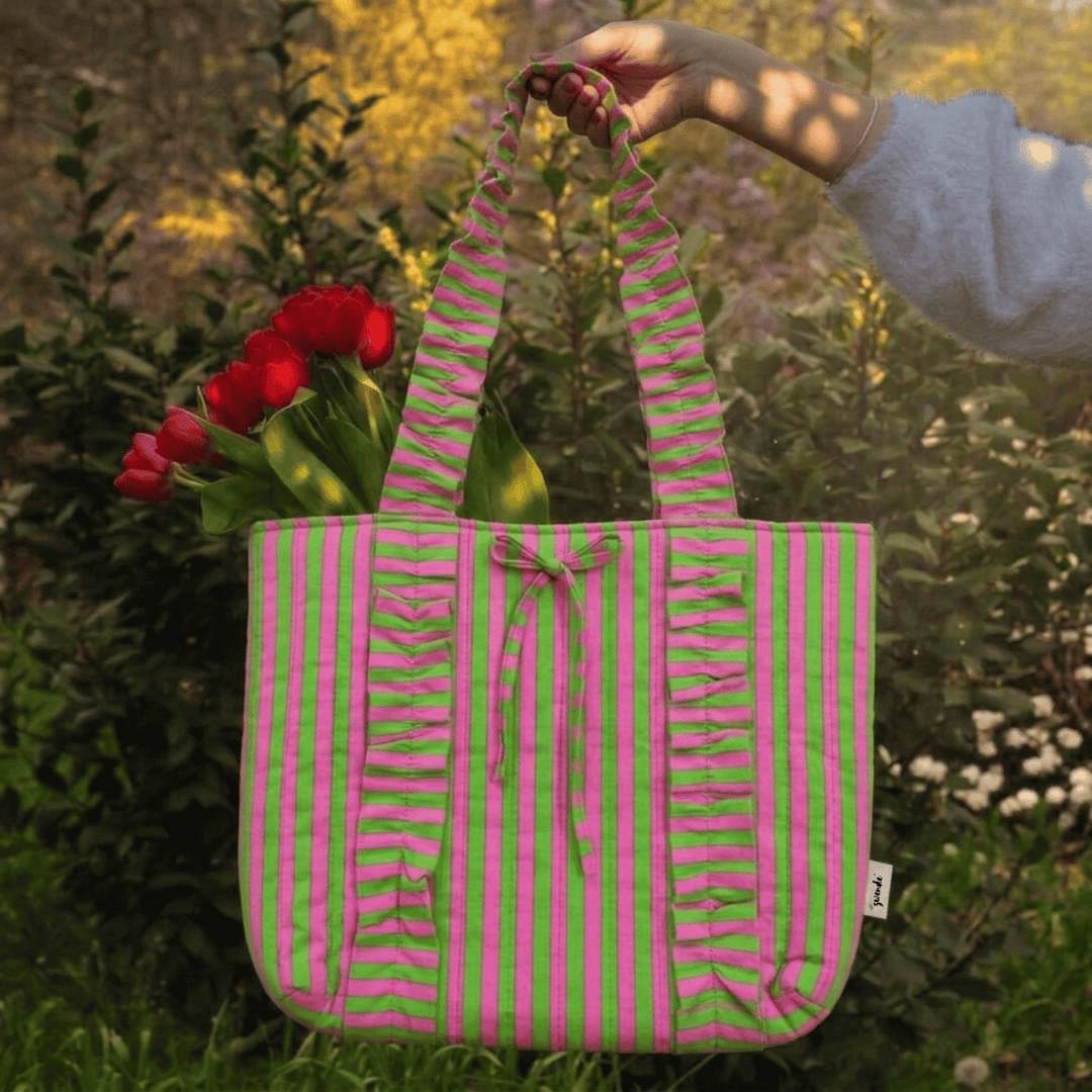 "Esmeralda" Ruffled Tote Bag With Vertical Ruffle Details For Women | Thin Stripes