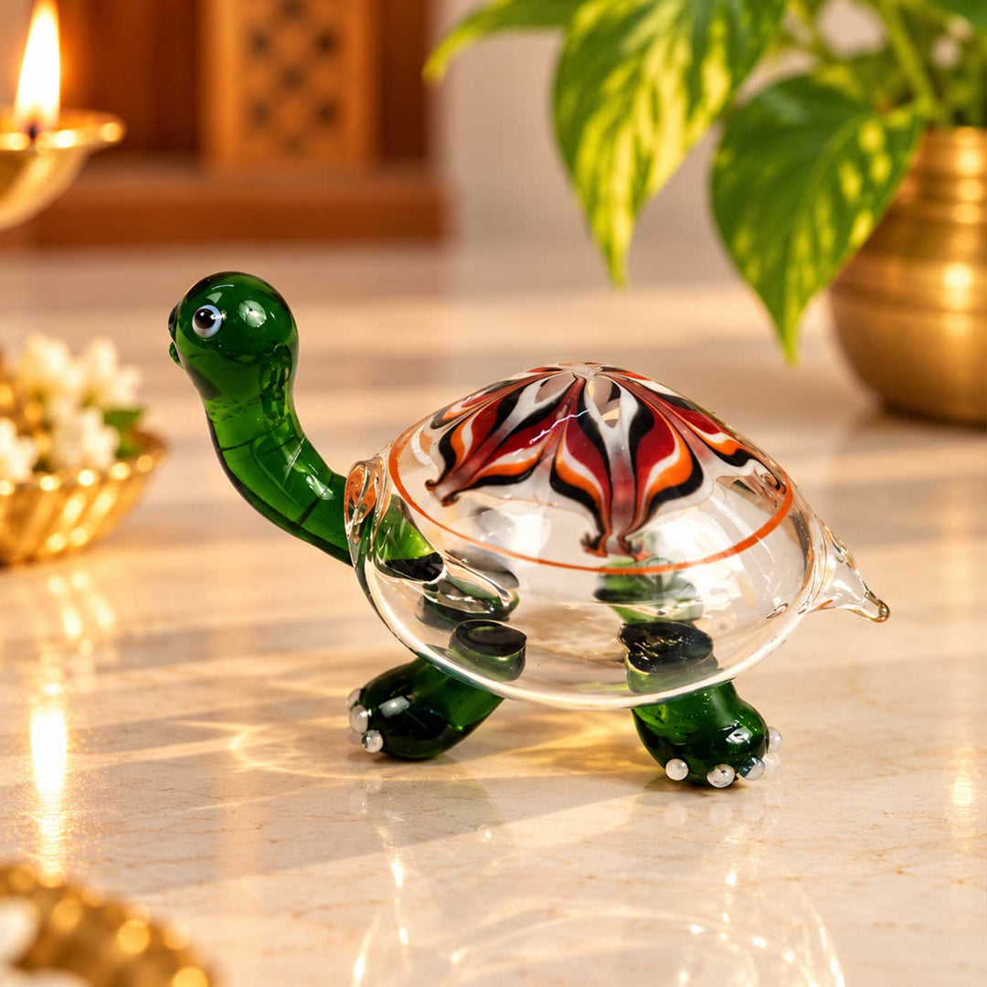 Handmade Blown Glass Green & Red Swirl Turtle Miniature Figurine For Decor