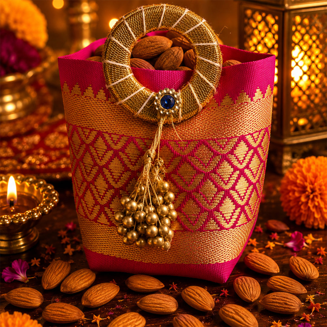 Shubh Labh Pink Celebration Diwali Gift Hamper With Urli Soy Wax Candle And Almond Potli For Festive Gifting