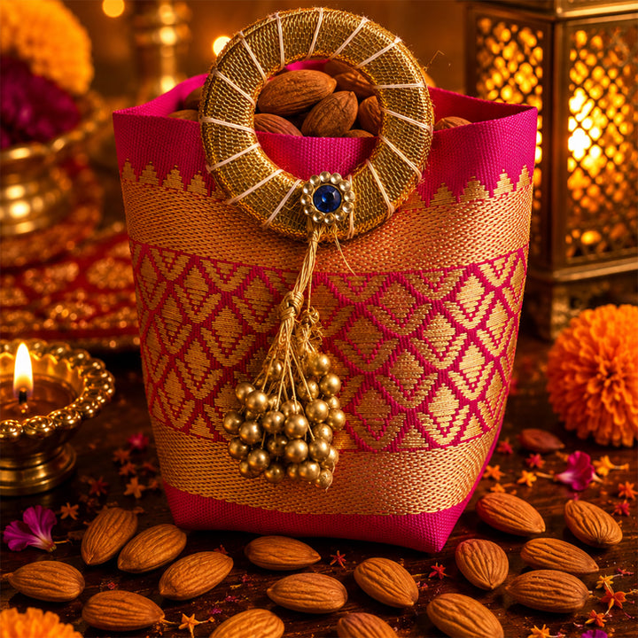 Shubh Labh Pink Celebration Diwali Gift Hamper With Urli Soy Wax Candle And Almond Potli For Festive Gifting