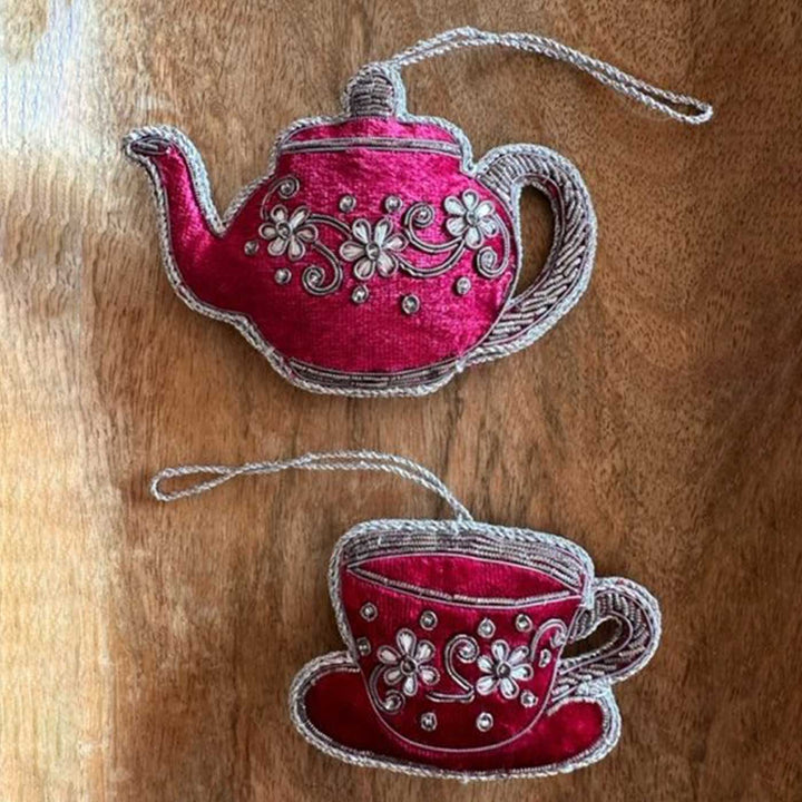2 Pc | Red Tea Set Cotton Premium Zardozi Ornament