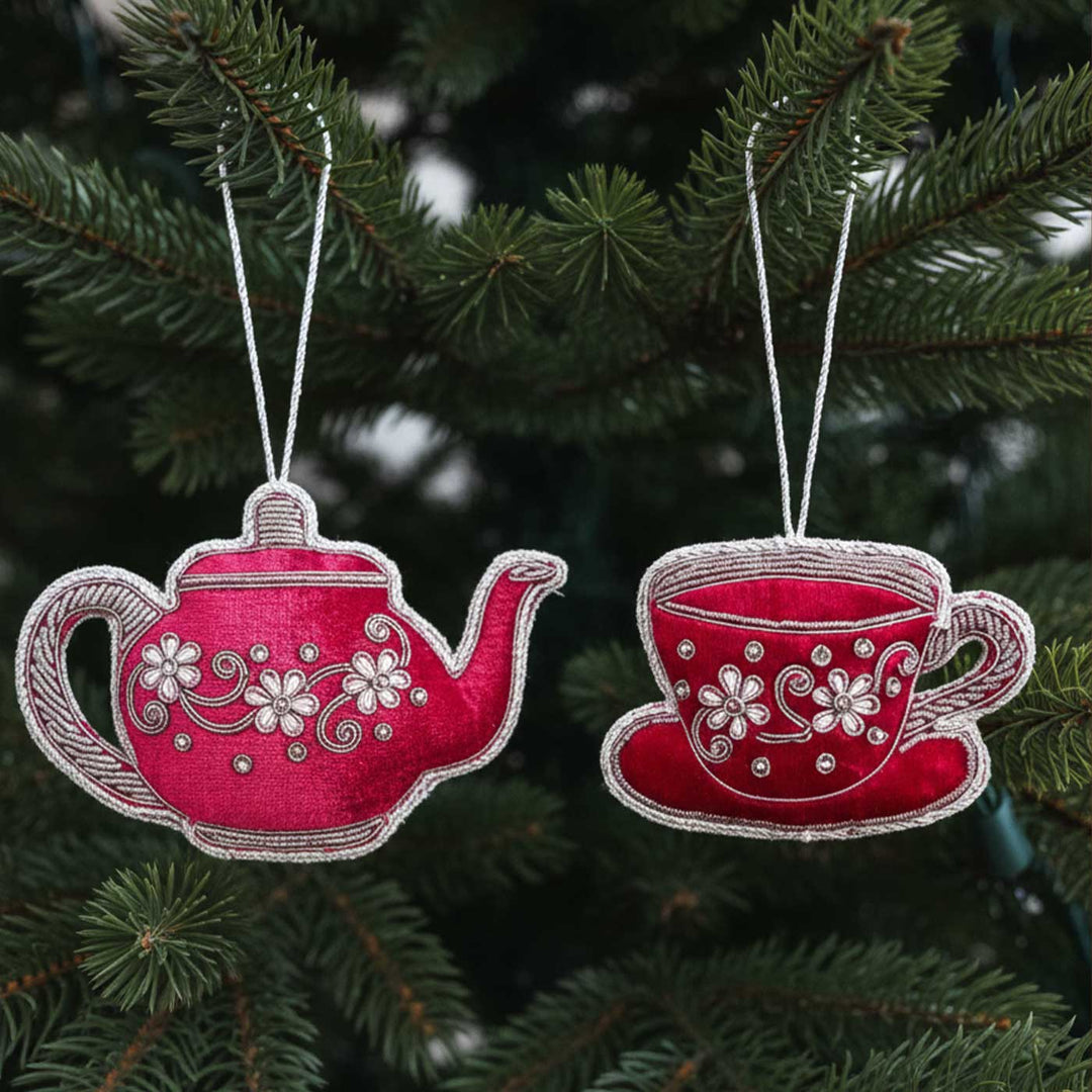 2 Pc | Red Tea Set Cotton Premium Zardozi Ornament