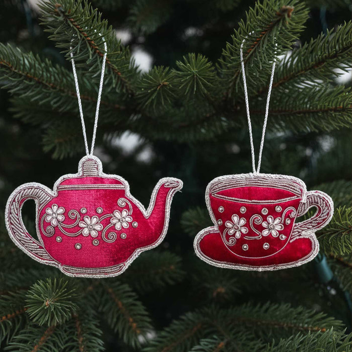 2 Pc | Red Tea Set Cotton Premium Zardozi Ornament