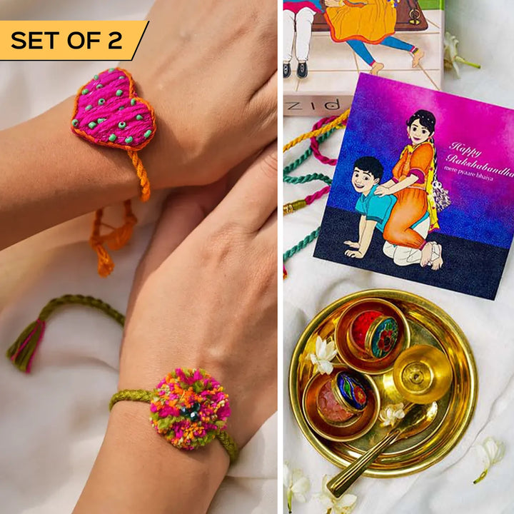 2 pc Rakhi + Brass Thali Set | Premium Dil Vali Beads & Pom Pom Rakhi Set with Roli Chawal