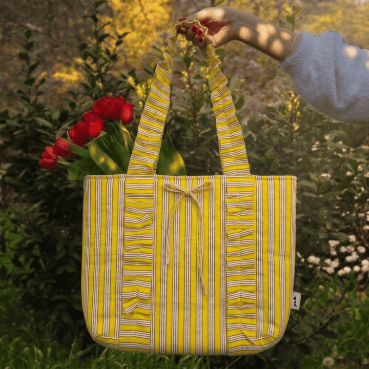 "Esmeralda" Ruffled Tote Bag With Vertical Ruffle Details For Women | Thin Stripes