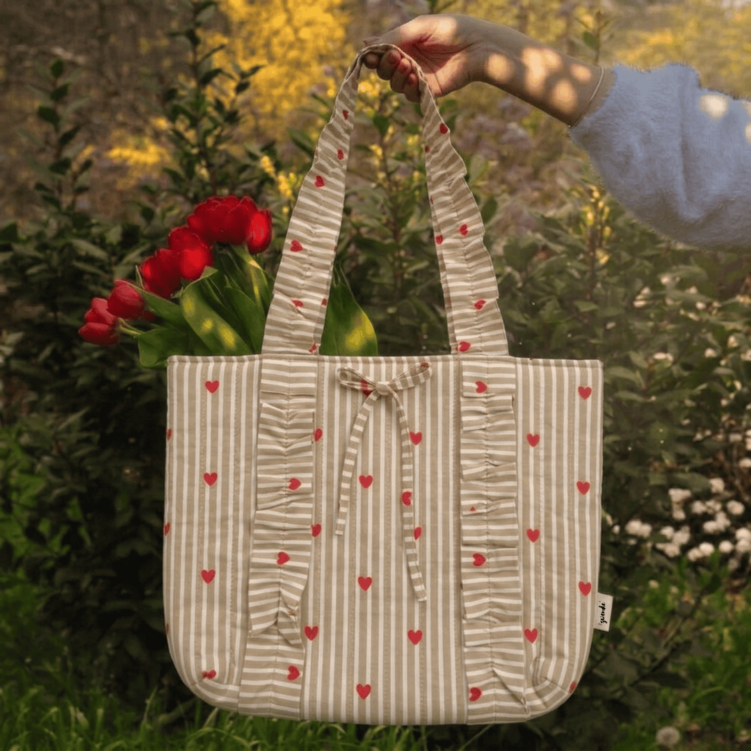 "Esmeralda" Ruffled Tote Bag With Vertical Ruffle Details For Women | Thin Stripes