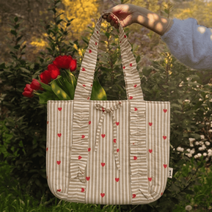 "Esmeralda" Ruffled Tote Bag With Vertical Ruffle Details For Women | Thin Stripes