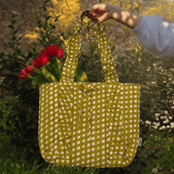 "Esmeralda" Ruffled Tote Bag With Vertical Ruffle Details For Women | Checks