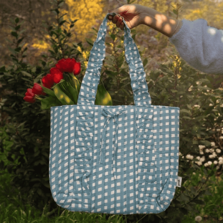 "Esmeralda" Ruffled Tote Bag With Vertical Ruffle Details For Women | Checks
