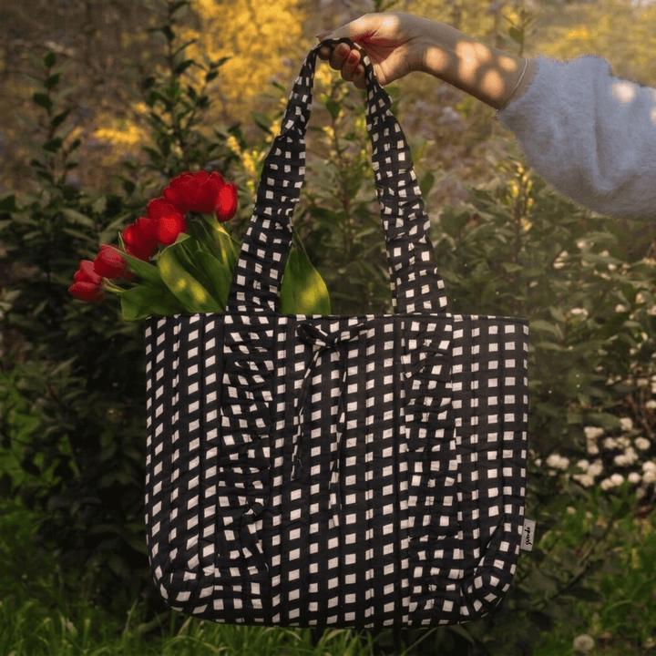 "Esmeralda" Ruffled Tote Bag With Vertical Ruffle Details For Women | Checks