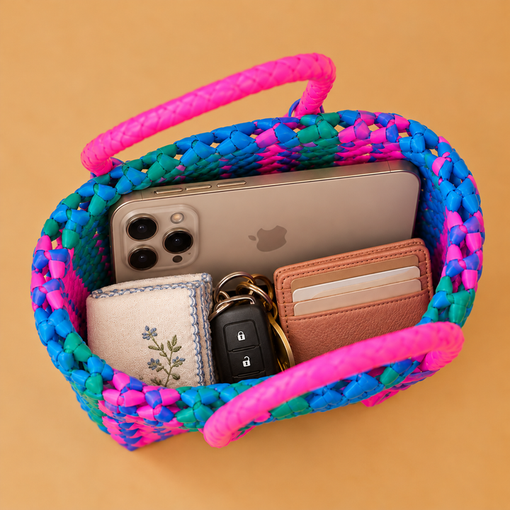 Mini Handwoven Blue & Pink Plastic Wire Koodai Bag