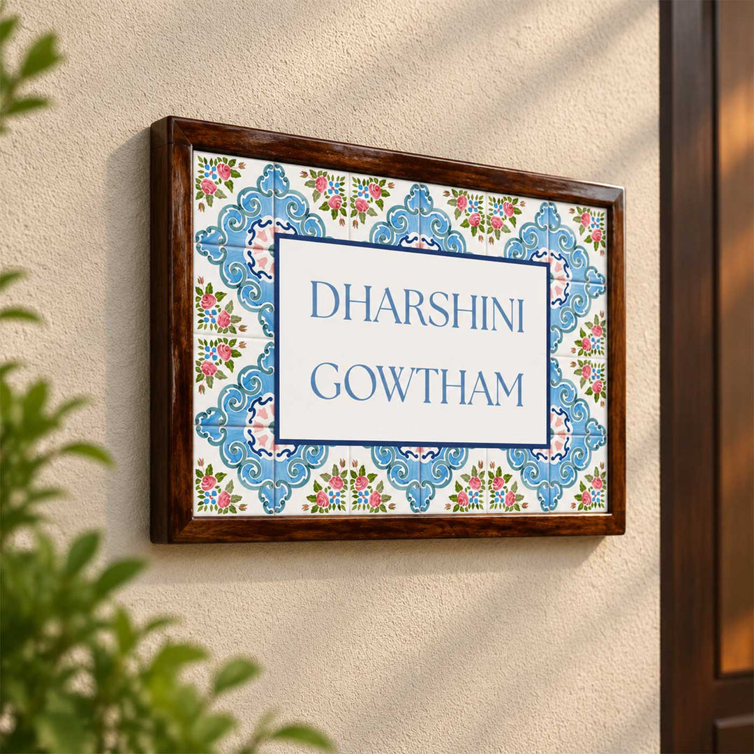 Floral Blue Vintage Personalized Resin & Teak Wood Frame Name Plate For Home