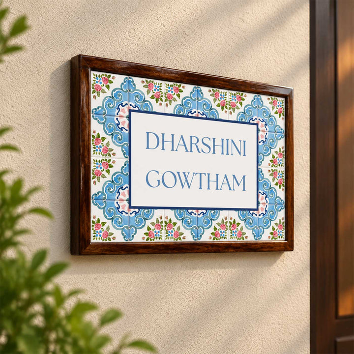 Floral Blue Vintage Personalized Resin & Teak Wood Frame Name Plate For Home