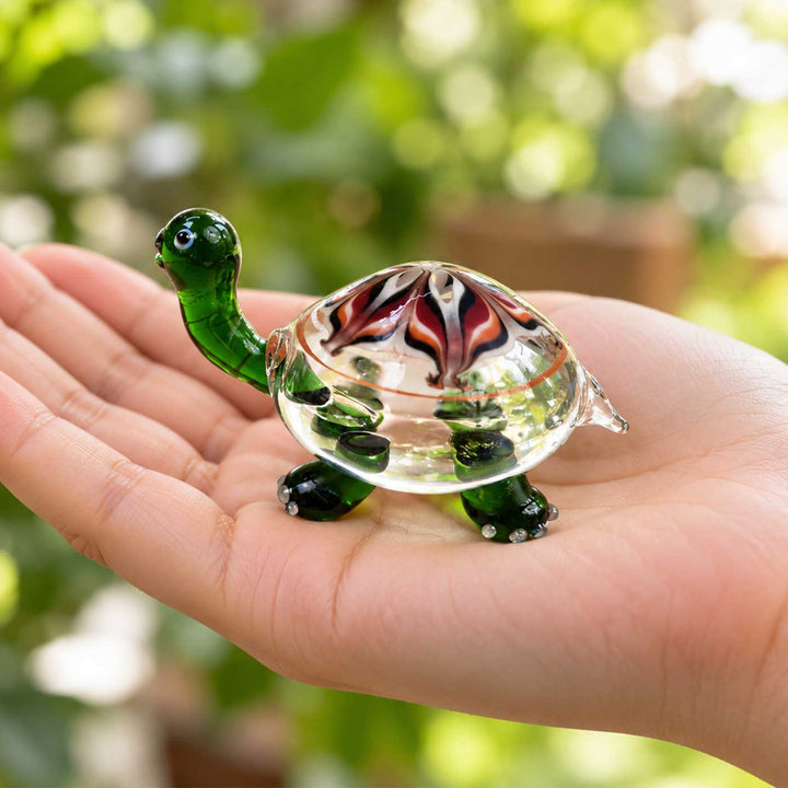 Handmade Blown Glass Green & Red Swirl Turtle Miniature Figurine For Decor