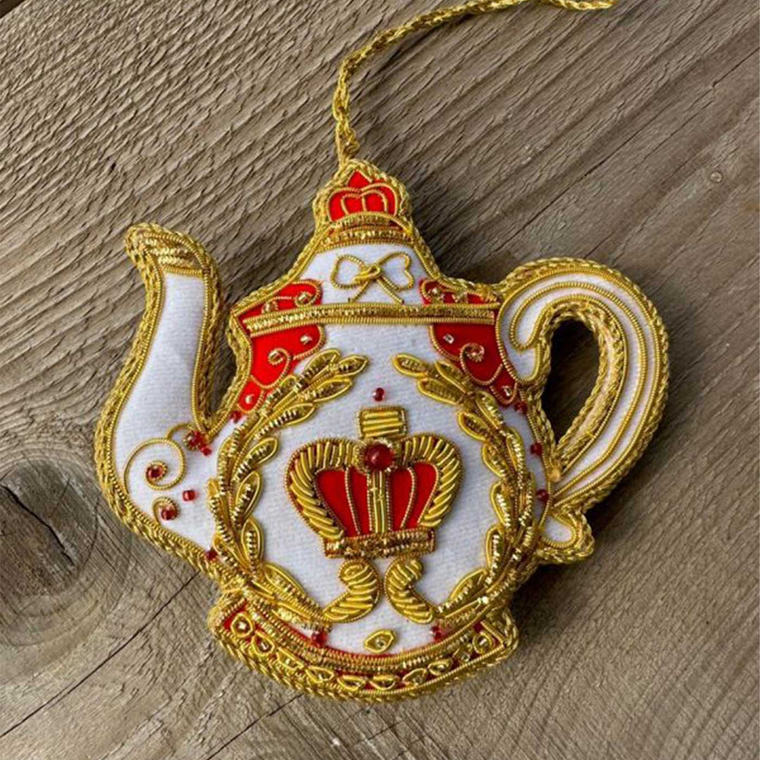 White Royal Teapot Sequin Premium Zardozi Ornament