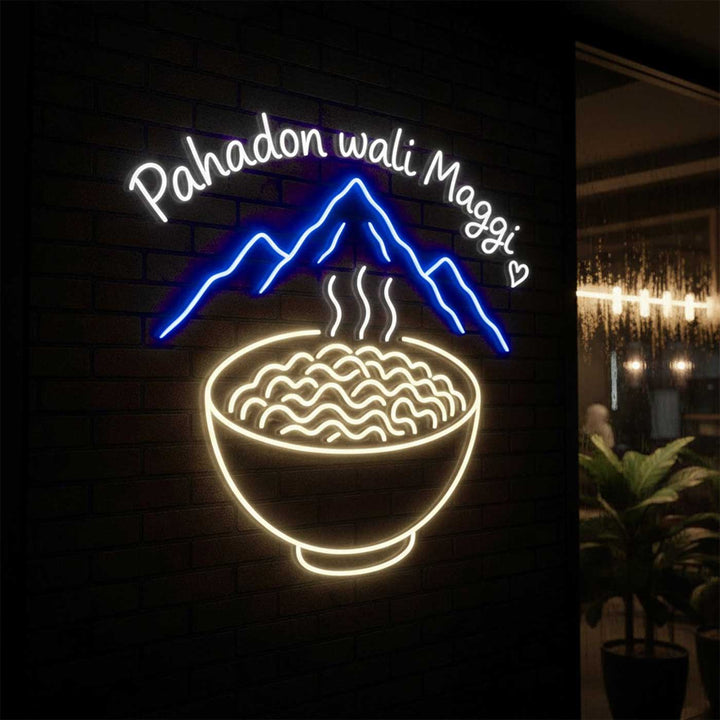 Handmade "Pahadon Wali Maggi" Neon Light Sign Board for Cafe Wall Decor