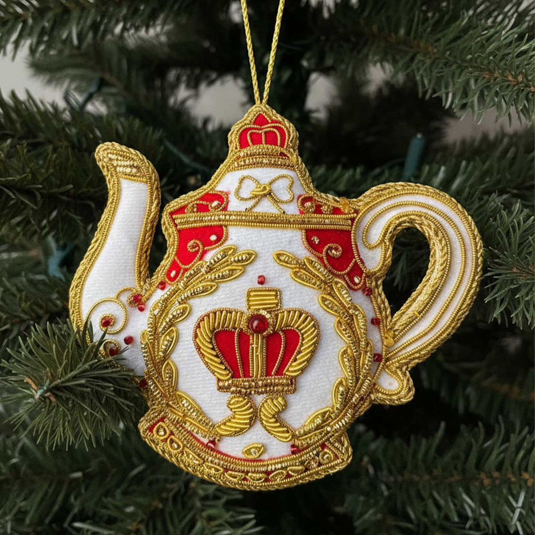 White Royal Teapot Sequin Premium Zardozi Ornament