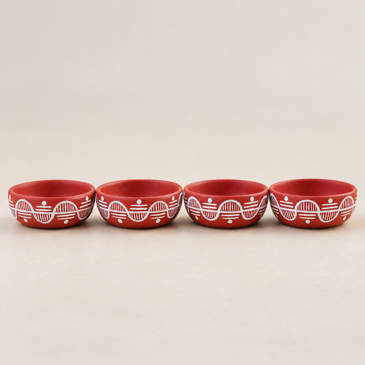 16 Pc | Hand-Painted Leher White Wave Motif Terracotta Tealight Holders With Tealights For Festive Decor