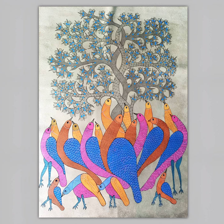 30 x 42 Inch | The Meeting Place | Original Hand Painted Tribal Gond Art Painting | Acrylic Paint On Canvas
