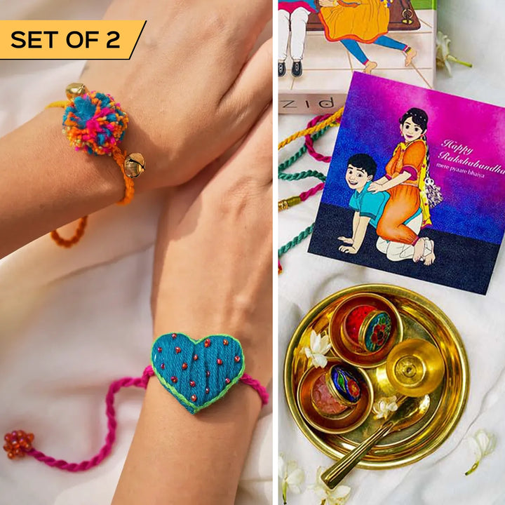 2 pc Rakhi + Brass Thali Set | Premium Dil Vali Ghungroo & Beads Rakhi Set with Roli Chawal