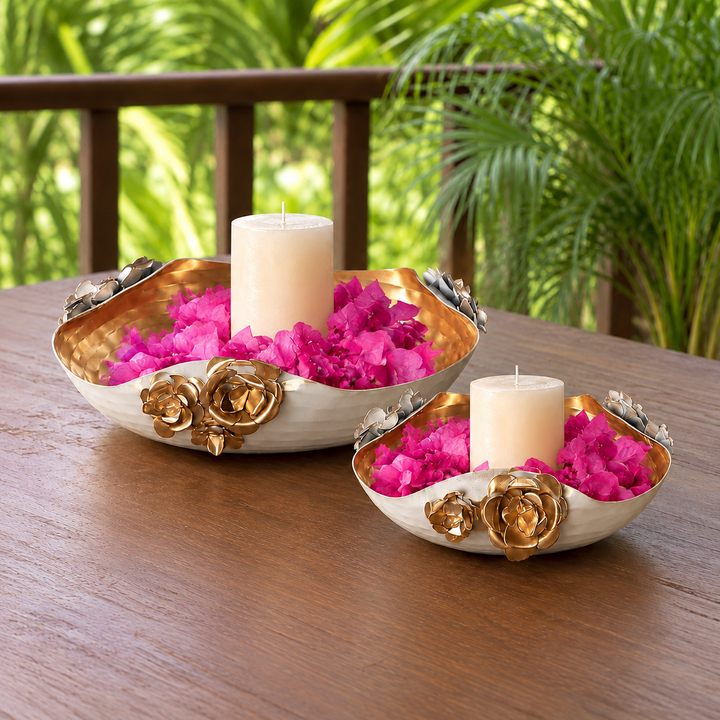 Handmade Hammered White & Gold Rose Urli | Set of 2