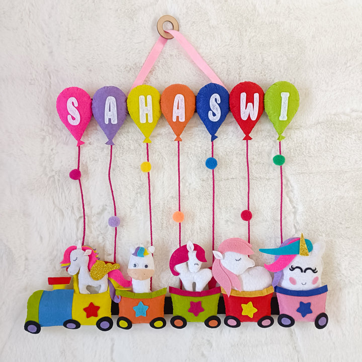 Handcrafted Personalized Felt Name Plate for Siblings | Unicorn Train with Balloons