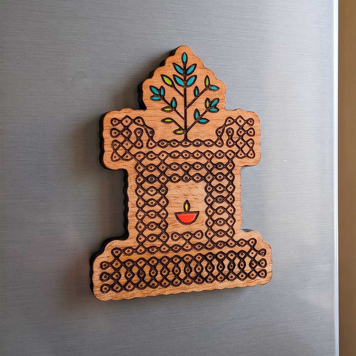Engraved & Hand-Painted Thulasi Maadam-Inspired Kolam Mahogany Wood Fridge Magnet