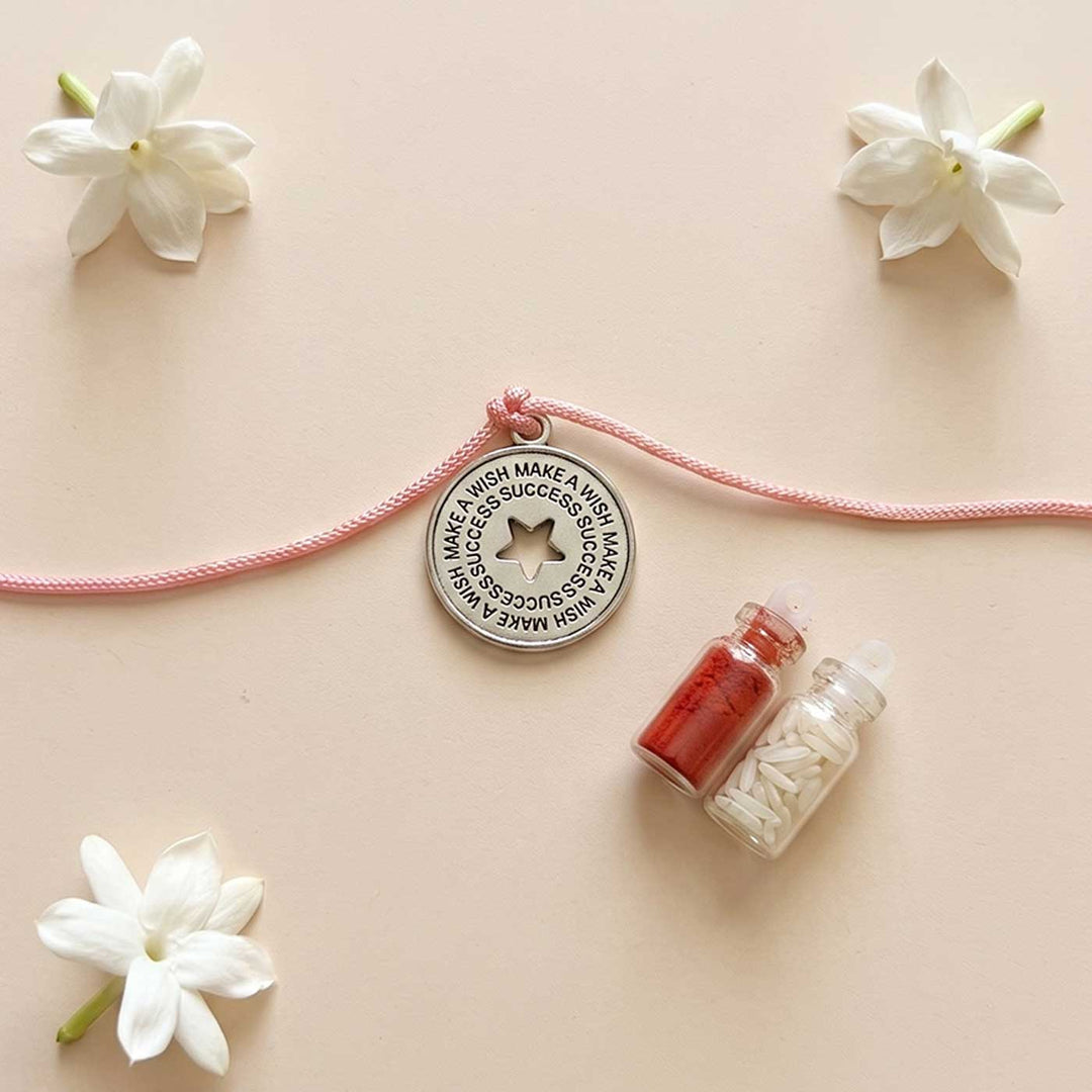 Engraved "Make a Wish" Quote Metal Charm Rakhi With Roli Chawal for Brother
