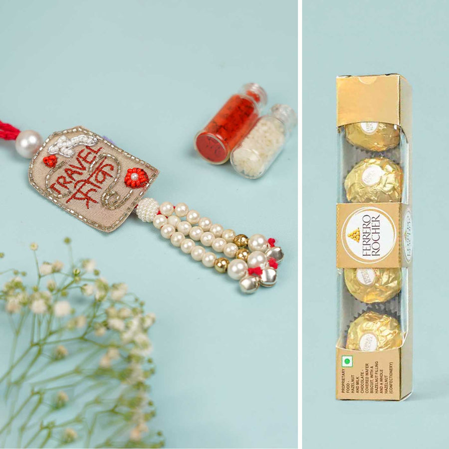 Handmade Beaded Travel Freak Lumba Rakhi For Bhabhi With Roli Chawal - Front View with Gift Pack
