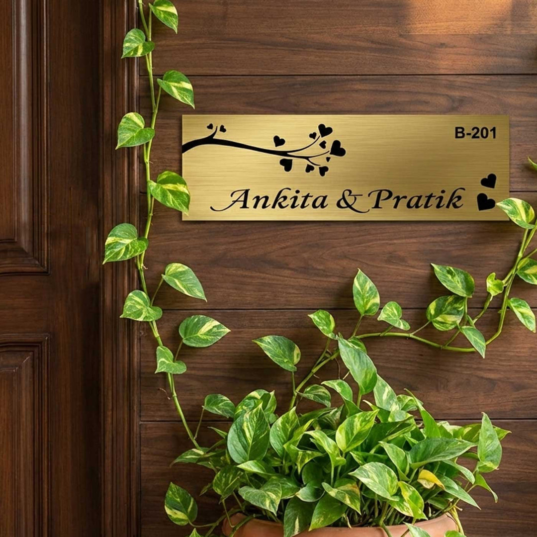 Love Engraved Personalized Golden Metal Name Plate | Rectangular, Outdoor, Weather Proof