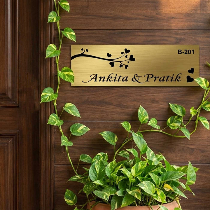 Love Engraved Personalized Golden Metal Name Plate | Rectangular, Outdoor, Weather Proof