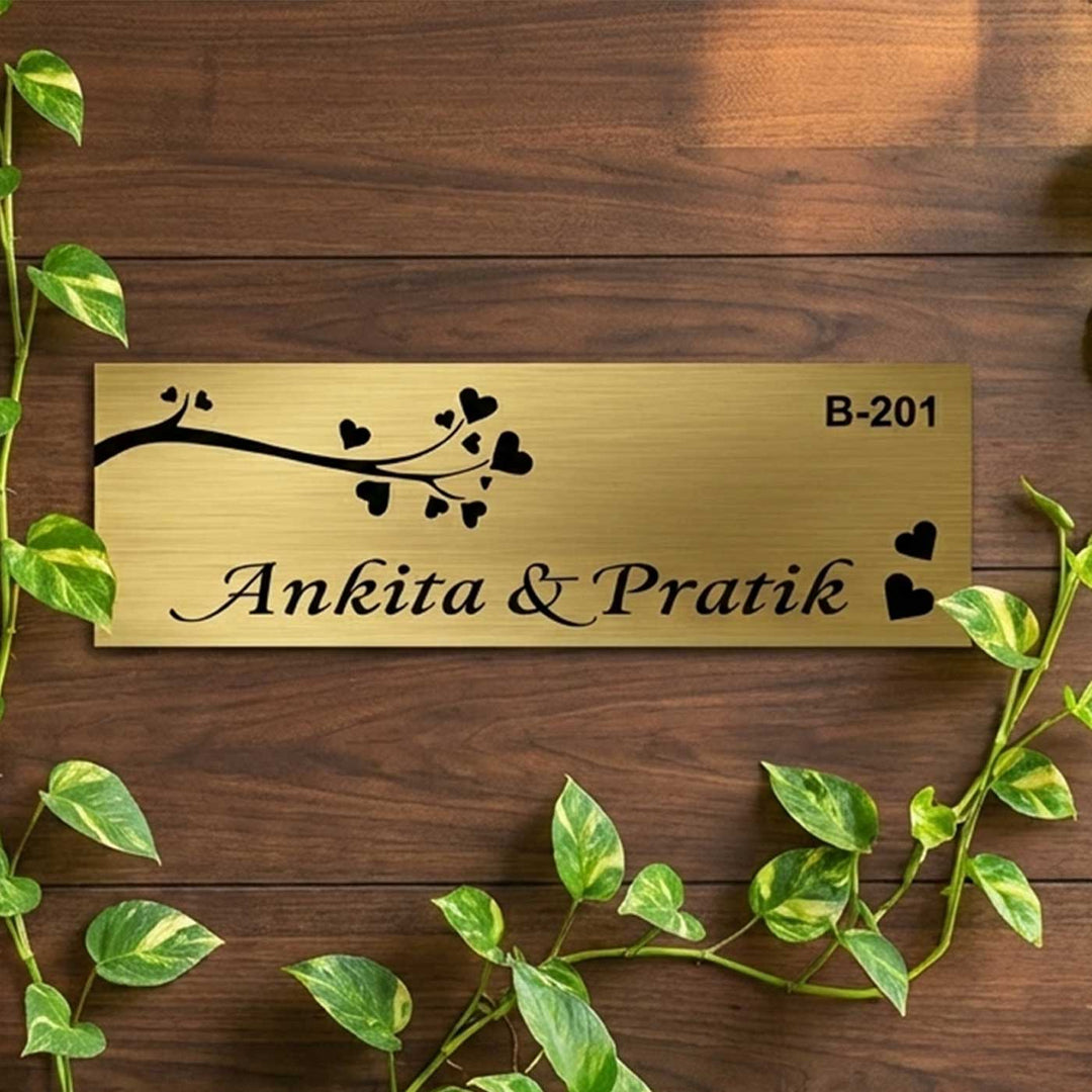 Love Engraved Personalized Golden Metal Name Plate | Rectangular, Outdoor, Weather Proof