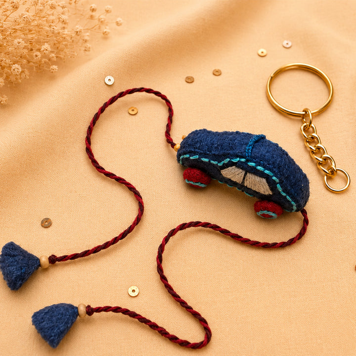 Hand Embroidered 3D Car Rakhi With Keychain For Brother
