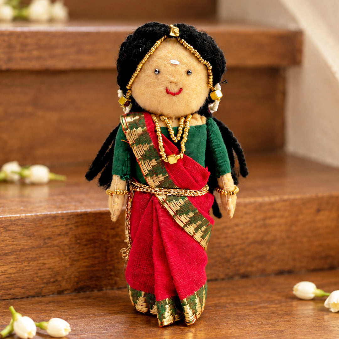 "Janaki" Handmade Felt & Fabric Golu Doll In Saree With Gajra For Festive Decor