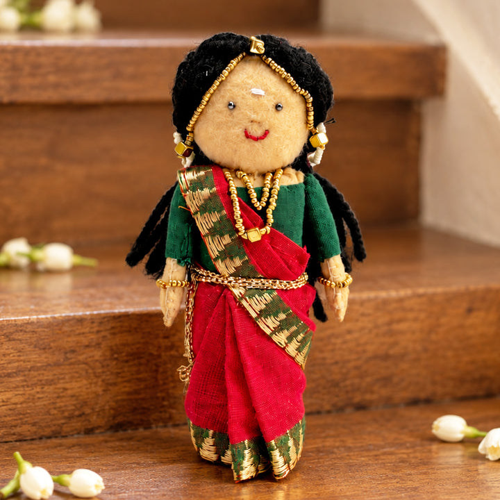 "Janaki" Handmade Felt & Fabric Golu Doll In Saree With Gajra For Festive Decor
