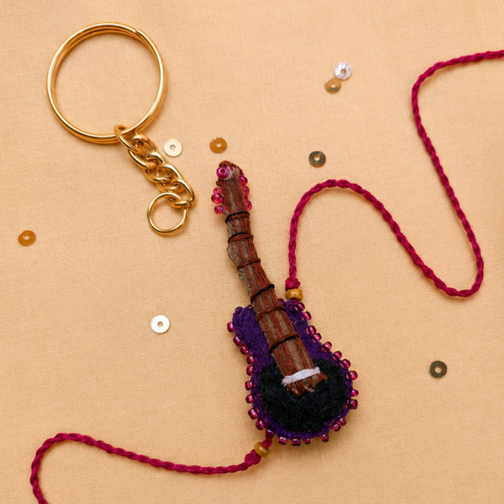 Hand Embroidered Guitar Rakhi With Keychain For Brother