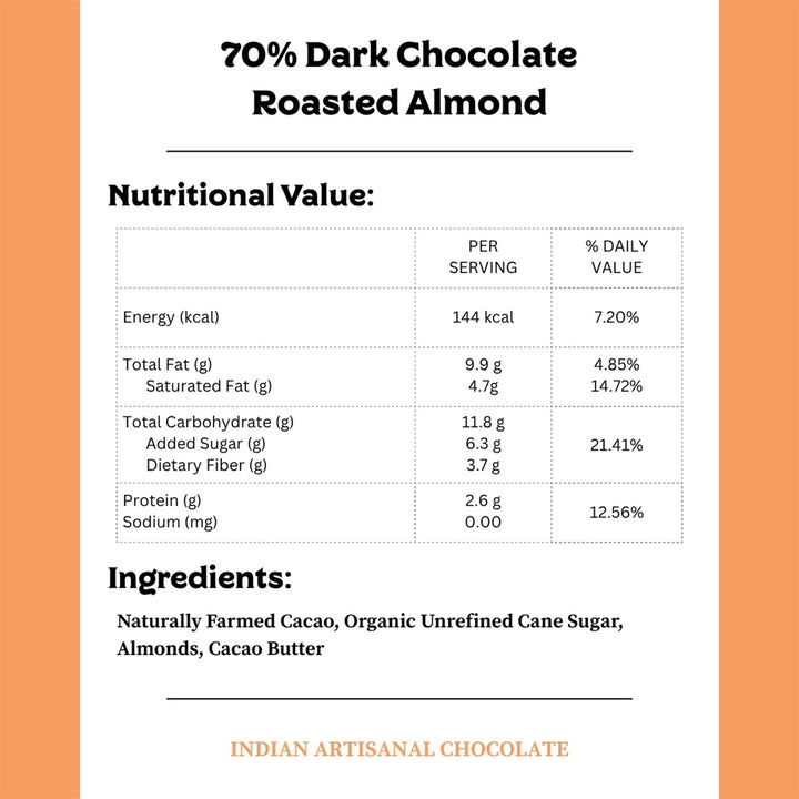 70% Dark | Vegan & Gluten Free Chocolate with Roasted Almonds