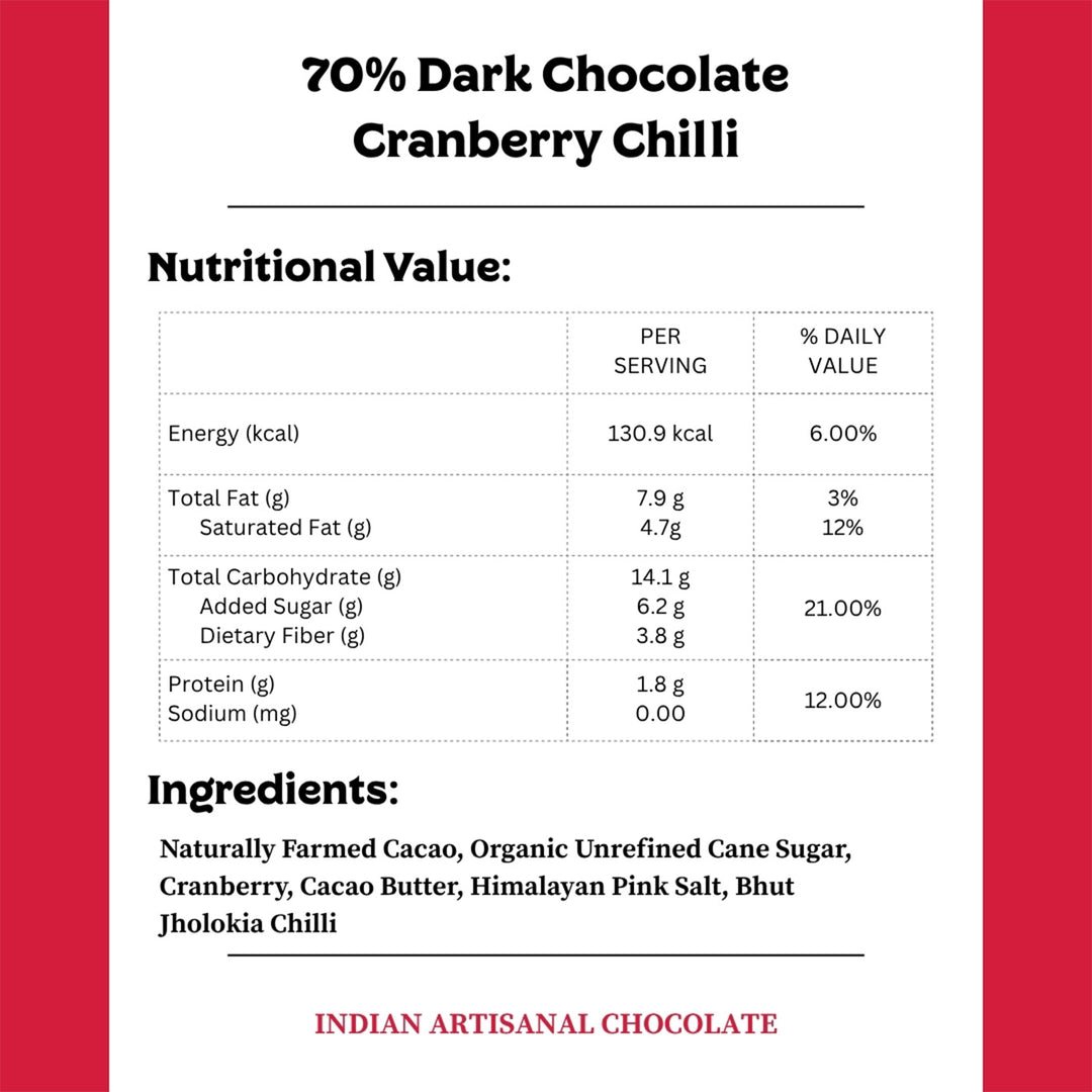 Vegan & Gluten Free | 70% Dark Chocolate with Cranberry & Bhut Jholokia Chilli