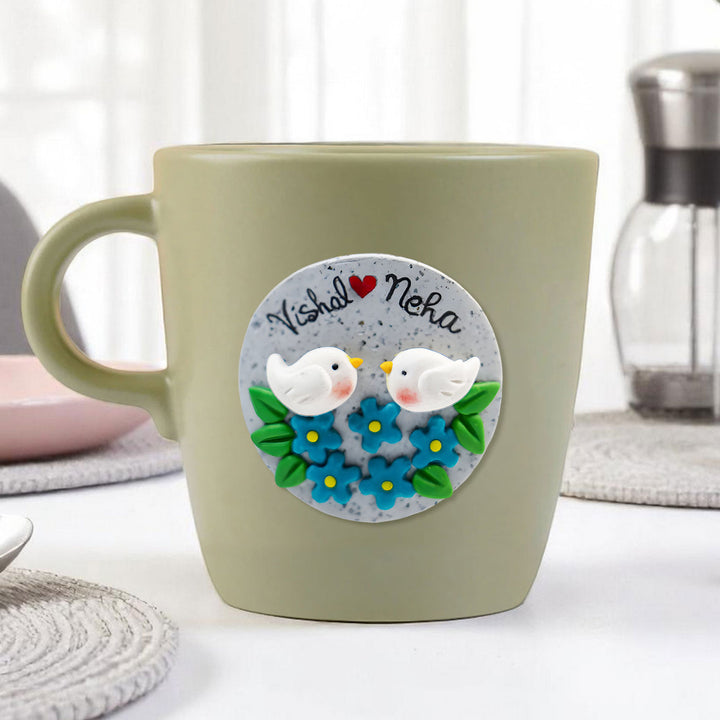 Personalized Love Birds & Flowers Mug With 3D Clay Figurine