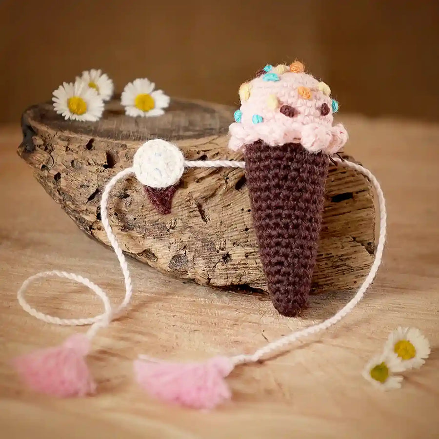 Handmade Crochet Icecream Theme Kids Rakhi And Toy Combo With Roli Chawal Set Of 2 - Front View with Background Props