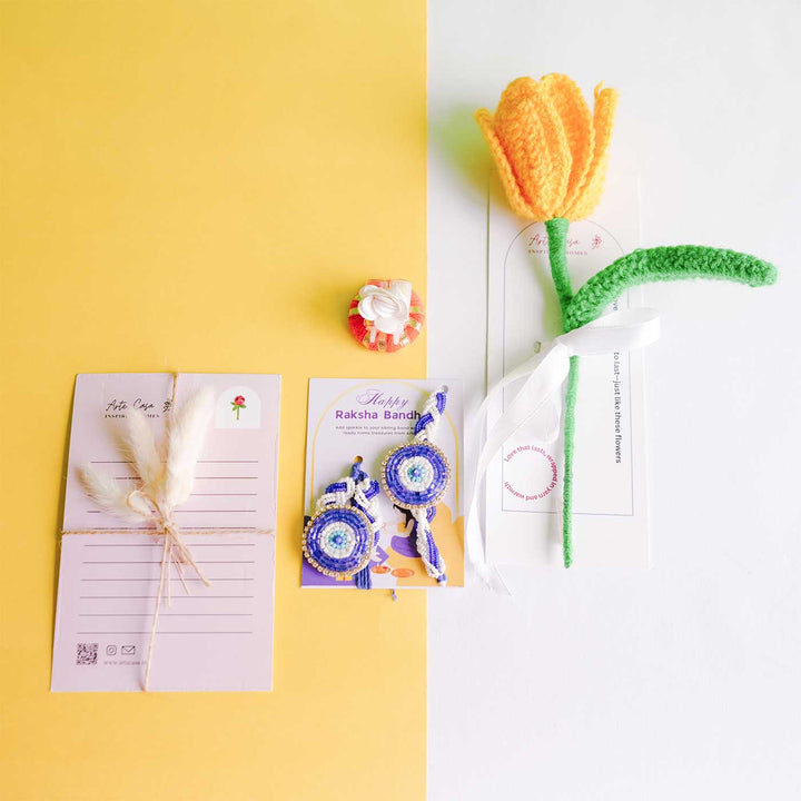 Personalized Handmade Crochet Tulip Yellow Rakhi Hamper | Includes 1 Crochet Flower, 1 Message Card & 2 Rakhis & Roli Chawal